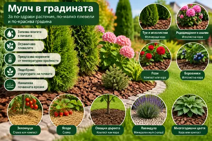 Мулчиране в градината с дървесна кора около декоративни растения и храсти