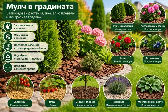 Мулчиране в градината с дървесна кора около декоративни растения и храсти